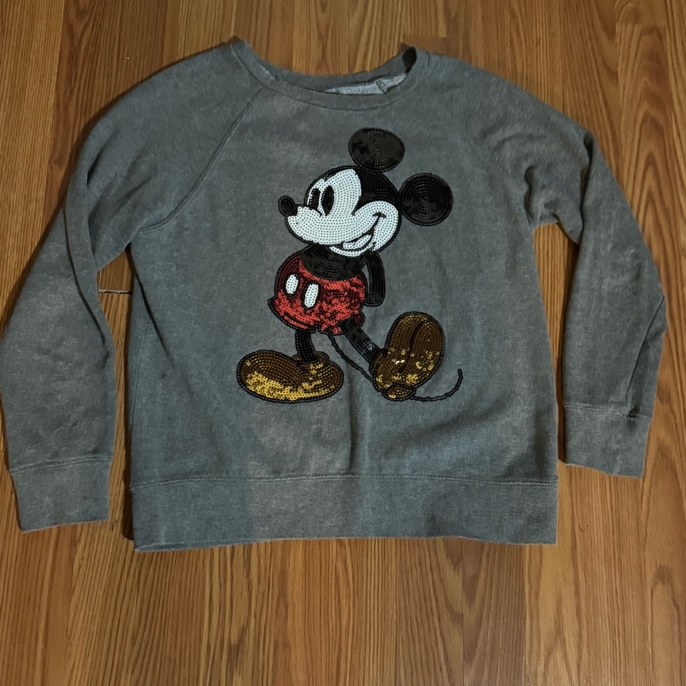Disney‎ Gray Mickey Mouse Sequin Long Sleeve Sweatshirt Top Classic Festive Y2k
